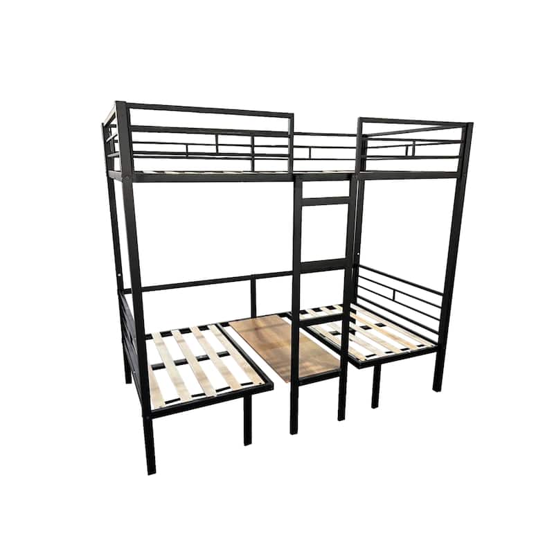 Convertible Full Size Loft Bed with Table & Storage, Metal Frame, Quiet Wood Slats, Safety Rails, Space-Saving Design