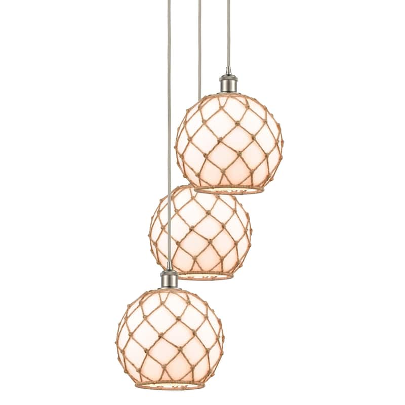 Innovations Lighting 113B-3P-37-17 Farmhouse Rope Pendant Farmhouse - Brushed Satin Nickel / Clear Glass with Brown Rope