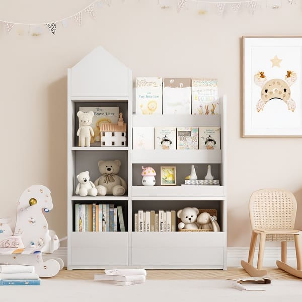 slide 2 of 32, Kids Wooden Bookshelf Toy Storage Organizer White