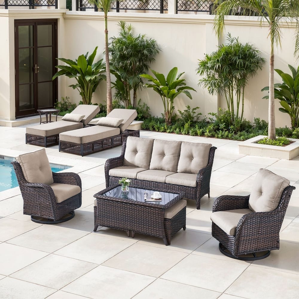 Gymojoy Luxury Outdoor Wicker Patio Furniture with 3 Seat Sofa, Chaise Lounge Chair，Swivel Chair, Rattan Coversation Set