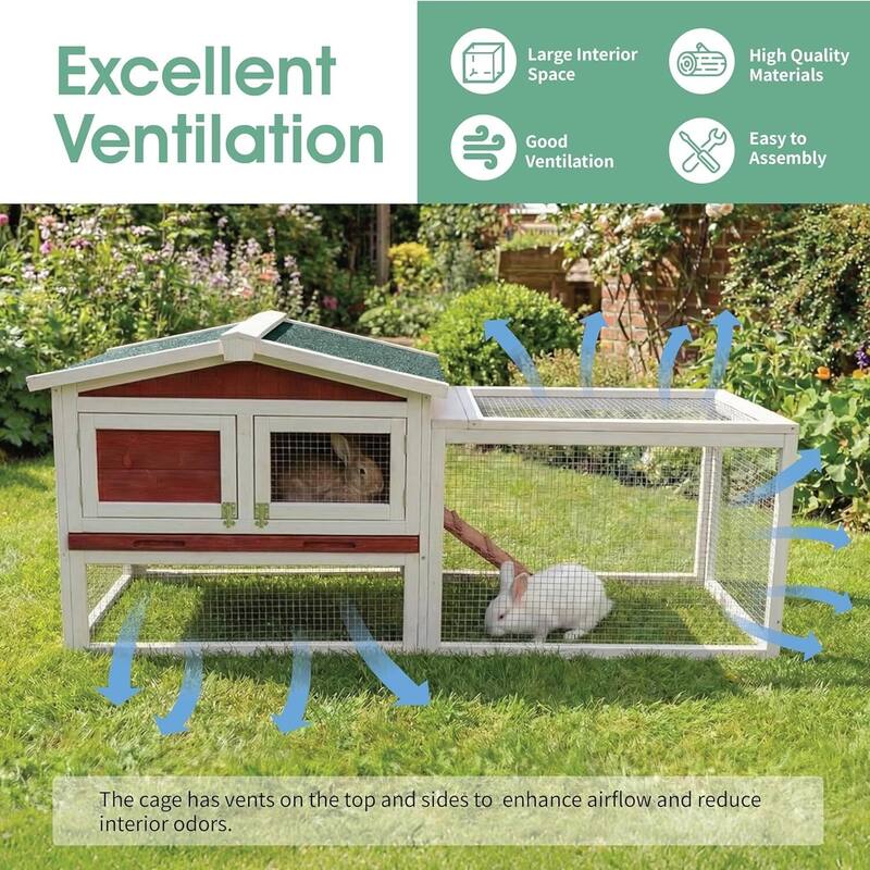 60" Outdoor Indoor Large Rabbit Hutch for Rabbits, Chickens, Ducks