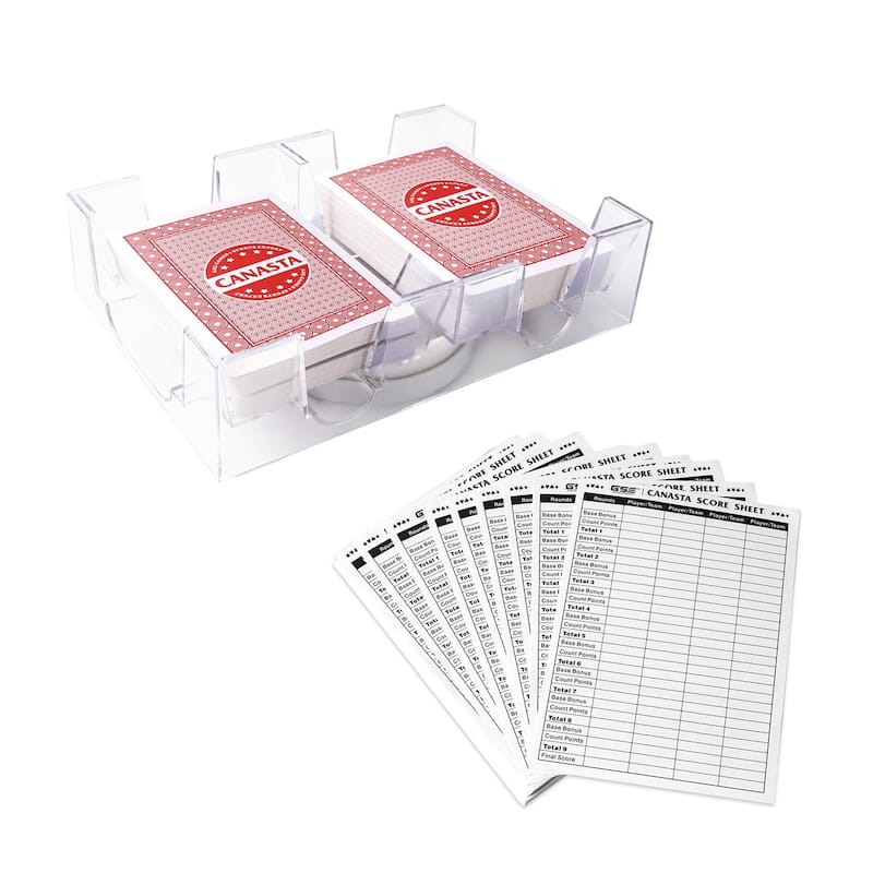 GSE Canasta Cards Game Set, Includes Canasta Playing Cards with Point Values, Revolving Card Tray, Score Sheets - Red - 2-Deck Set