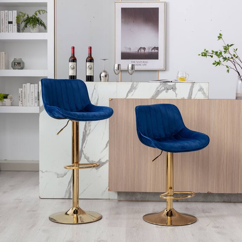 Chrome Footrest and Base Swivel Velvet Bar Stool, Height Adjustable Set of 2