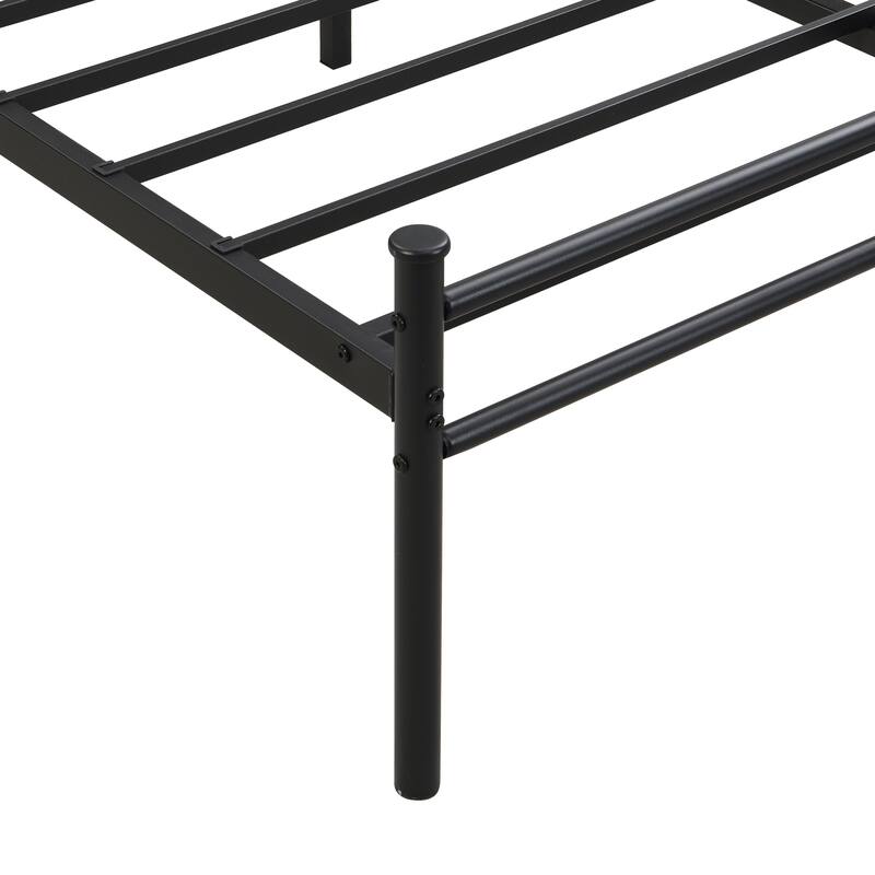 Queen Size Metal Platform Bed with Wood Panel Headboard, Under-Bed Storage and No Box Spring Needed