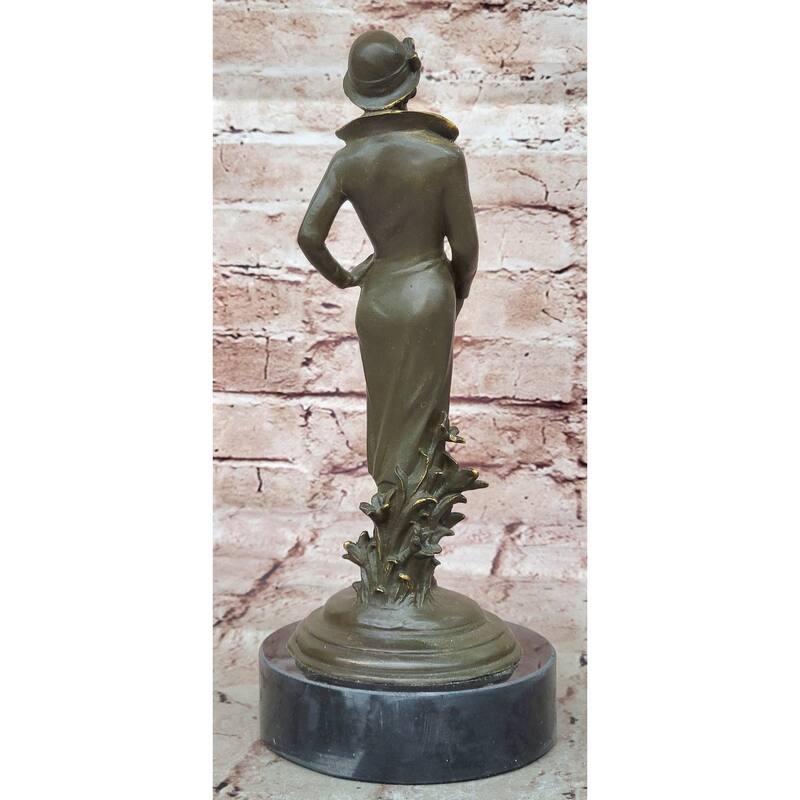 Elegant Art Deco Lady With Hat Bronze Sculpture On Marble Base