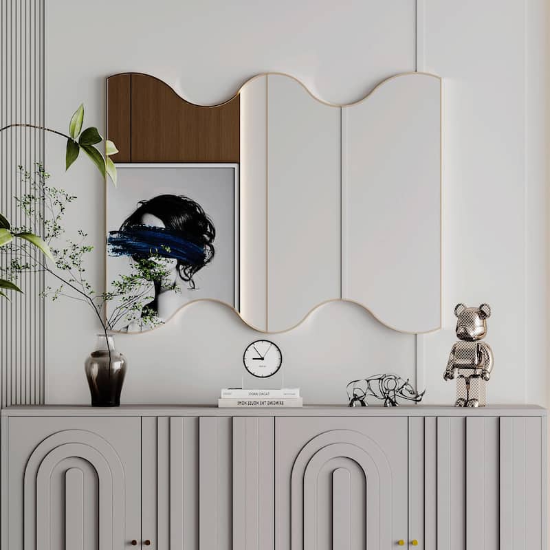 30x35 Inch Wall Mirror with Wavy Sides: Metal Framed Vanity and Dressing Mirror