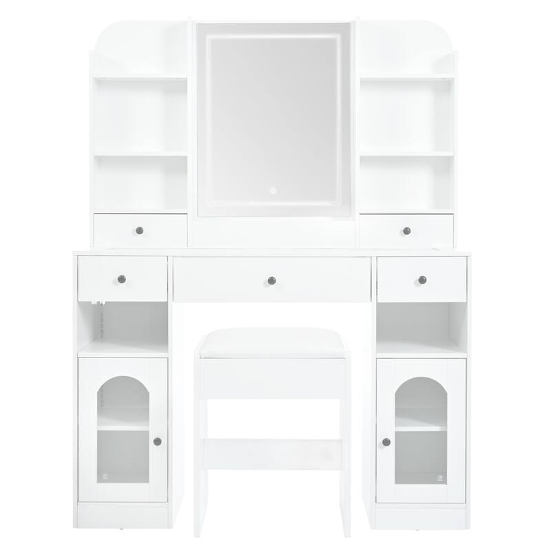 43.2" Vanity Desk,Glass Top Vanity With Rgb Glass Light Cabinets,Dressing Table With 5 Drawers ,Storage Shelves And Stool