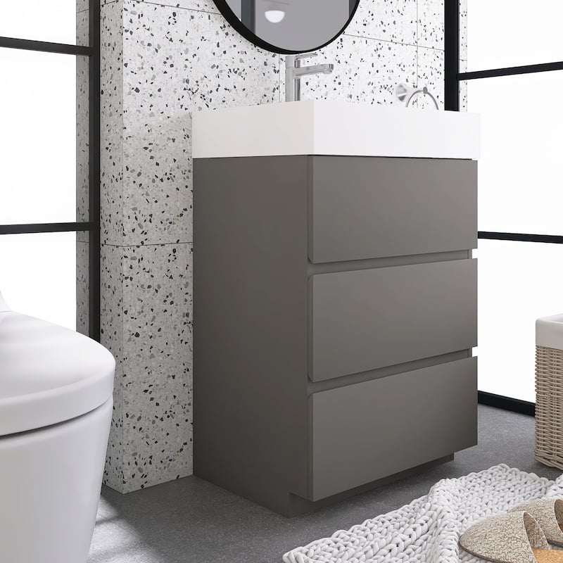 Wood Freestanding Bathroom Vanity Set with White Integrated Resin Sink
