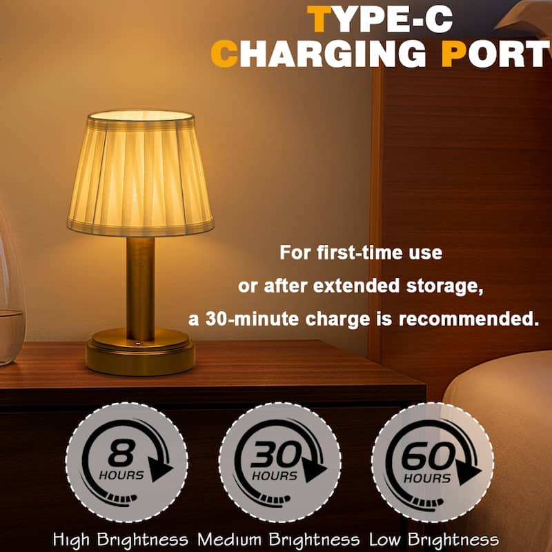 Modern Type-C Rechargeable LED Table Lamp Dimmable Touch Control with Fabric Shade For Bedroom Living Room - W6''