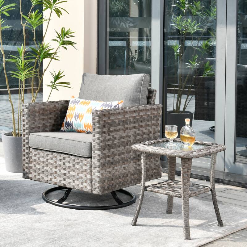 OVIOS 2-piece Swivel Rocking Wicker Chair Side Table Conversation Set - Dark Grey.