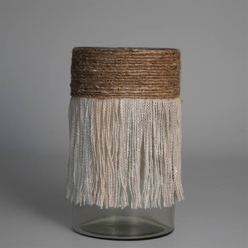 Votive Wrapped in Cream & Natural Fringe 10"x6"- A