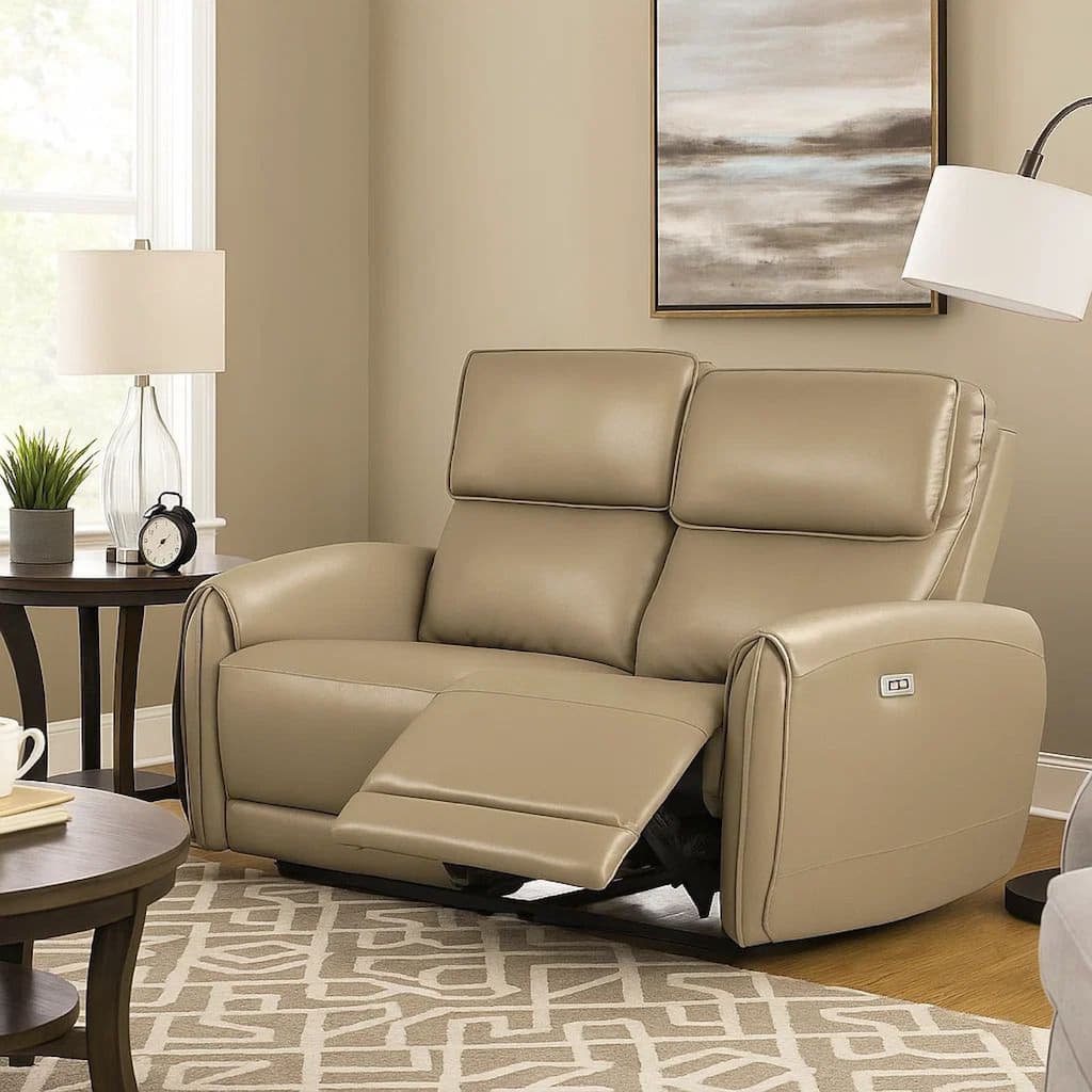 Sily Power Reclining Loveseat, Beige Faux Leather, 57 Inch, USB Ports