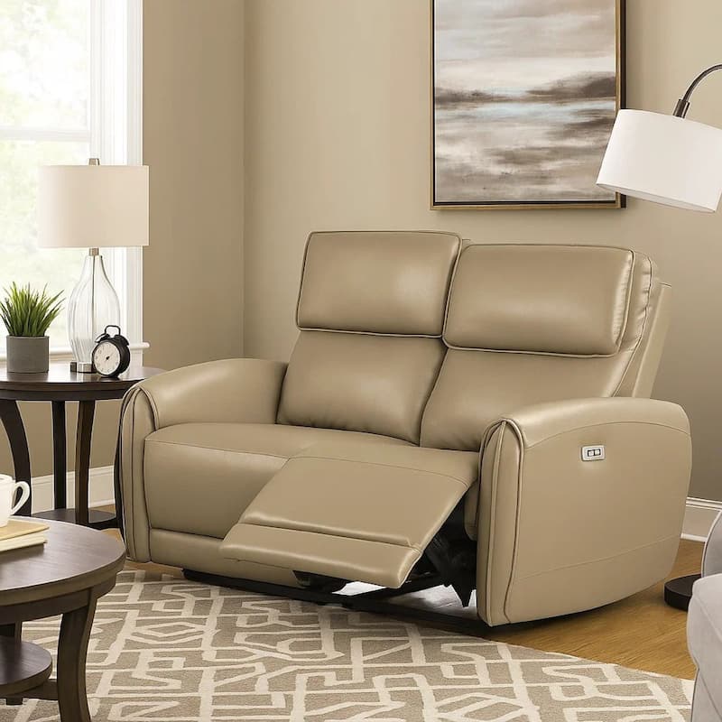 Sily Power Reclining Loveseat, Beige Faux Leather, 57 Inch, USB Ports