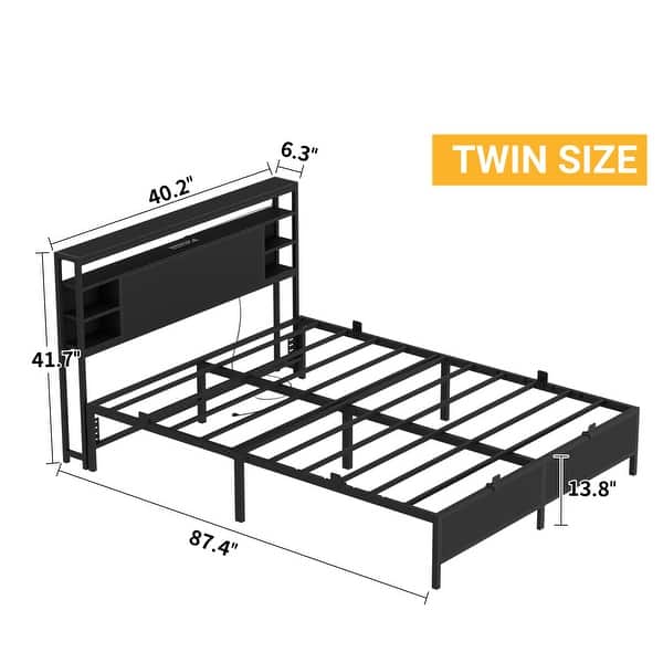 dimension image slide 1 of 11, Bed Frame with Charging Station and RGB LED Lights, Sturdy Platform Bed with Storage Headboard,