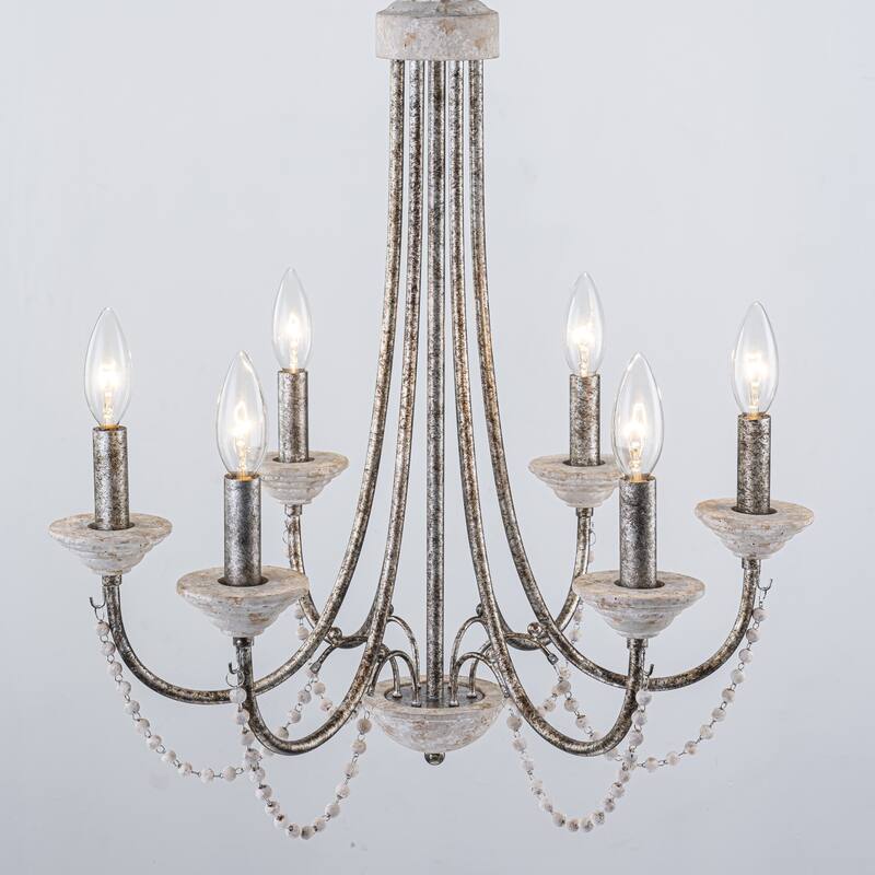 6-Light 20" Rustic French White Antiqued Wood Beaded Chandelier Light for Dining Room, Living Room - Silver/White - 20.1 in. W x 23.6 in. H x 20.1 in. D