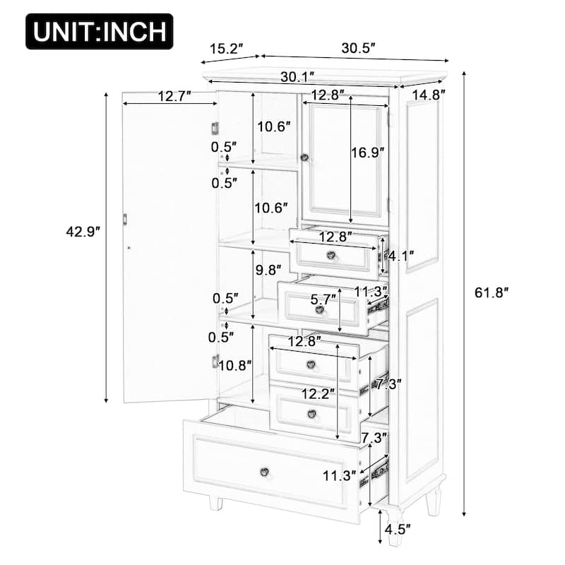 61.8'' White Storage Cabinet with 4 Drawers & 2 Doors, Adjustable Shelves, Solid Wood & MDF for Bathroom or Office