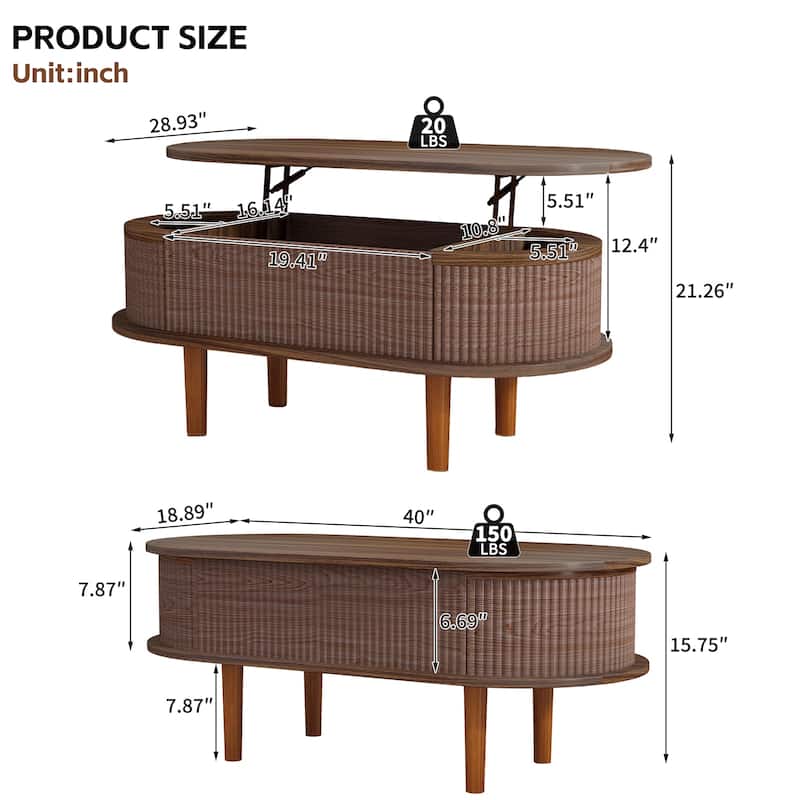 Fluted Lift Top Coffee Table with Hidden Compartment, Wooden Center Table, Modern Oval Lift Tabletop for Home Living Room