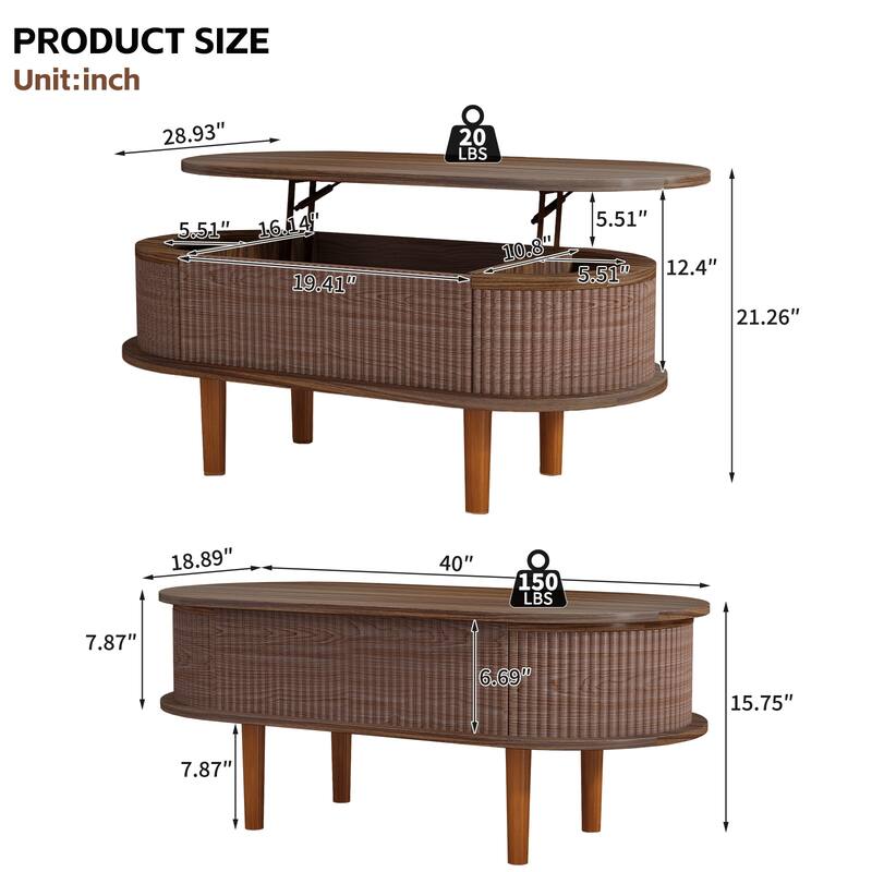 Minimalist Fluted Lift Top Coffee Table with Hidden Compartment, Walnut End Table Side Table Center Table
