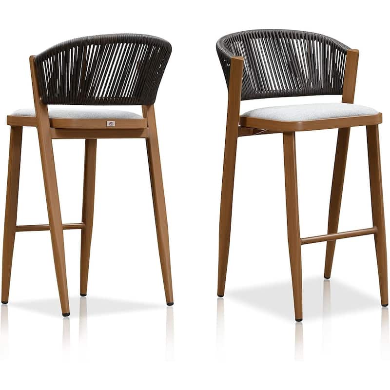PURPLE LEAF Bar Stool Set of 2 Outdoor Rattan Bar Chair with Back Metal Bar Height Stool Wicker Barstool Dark Grey - N/A - BarHeight-Stone Cushion