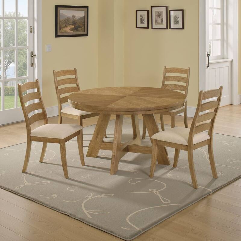 Danie 5pc Round Dining Table Set, Oak Brown Hardwood, 4 Beige Chairs