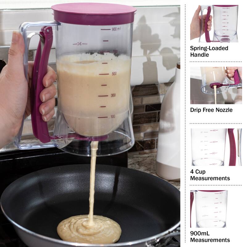 4-Cup Pancake Batter Dispenser with Squeeze Handle - Baking Tools by Chef Buddy (Purple)
