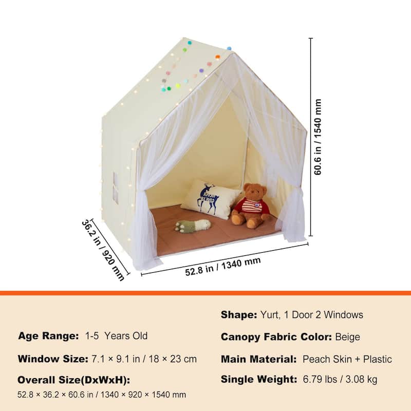 Yurt Style Kids Tent with Floor Mat and Light for Toddlers - 52 x 36.2 x 60.2 in