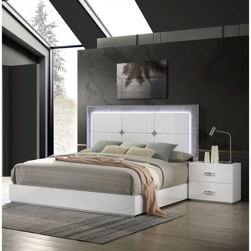 Modern White Finish High-Gloss Bedroom Furniture Set LED Headboard Bed Dresser Mirror Nightstand - Eastern King