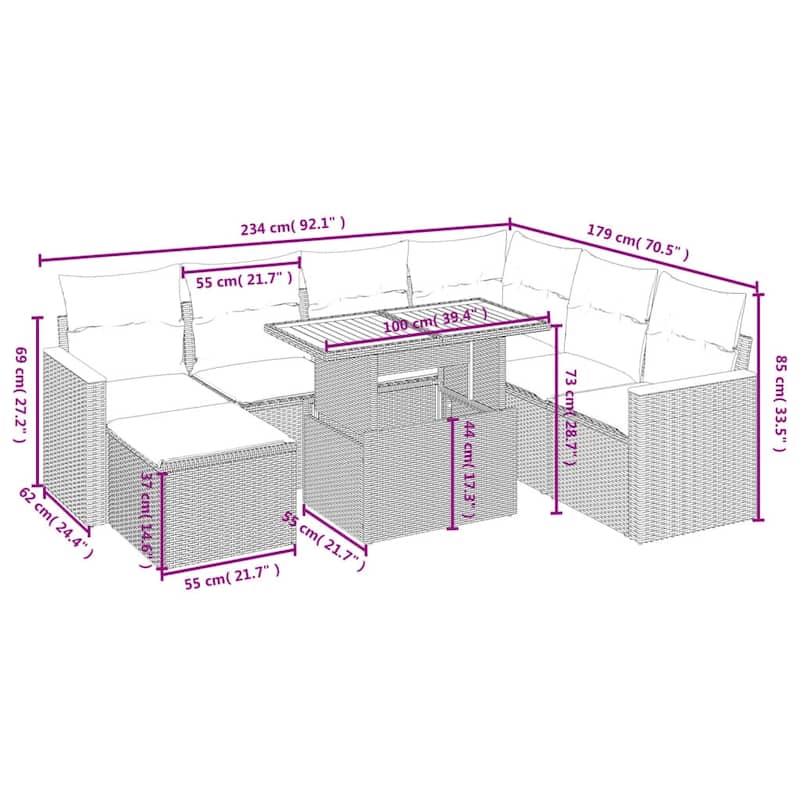 vidaXL Patio Sofa Set with Cushions Outdoor Furniture 8 Piece Poly Rattan - 21.7 x 24.4 x 27.2