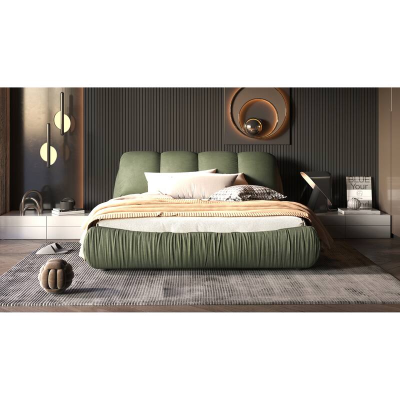 Green Queen Size Luxury Upholstered Platform Bed with Oversized Padded Backrest and Solid Frame