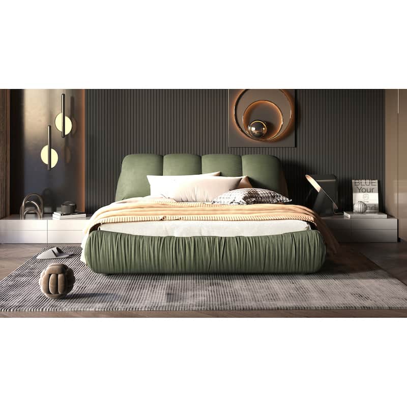 Luxury Upholstered Bed with Oversized Padded Backrest, Queen Size Platform Bed with Thickening Pine Wood Slats for Adult Bedroom