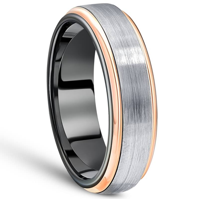 Men's Brushed Black Tungsten & Rose Gold Plated Two Tone 6mm Ring Wedding Band