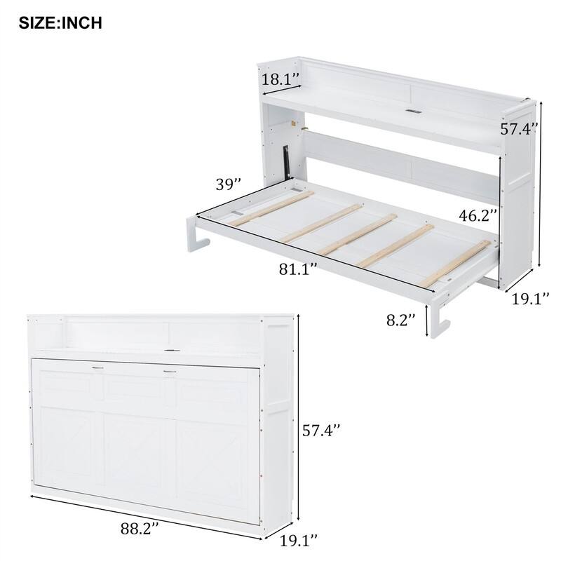 Twin XL Size Murphy Bed with Desk and LED Light, Wooden Murphy Wall Bed with USB Charging Station, Foldable Murphy Bed Cabinet