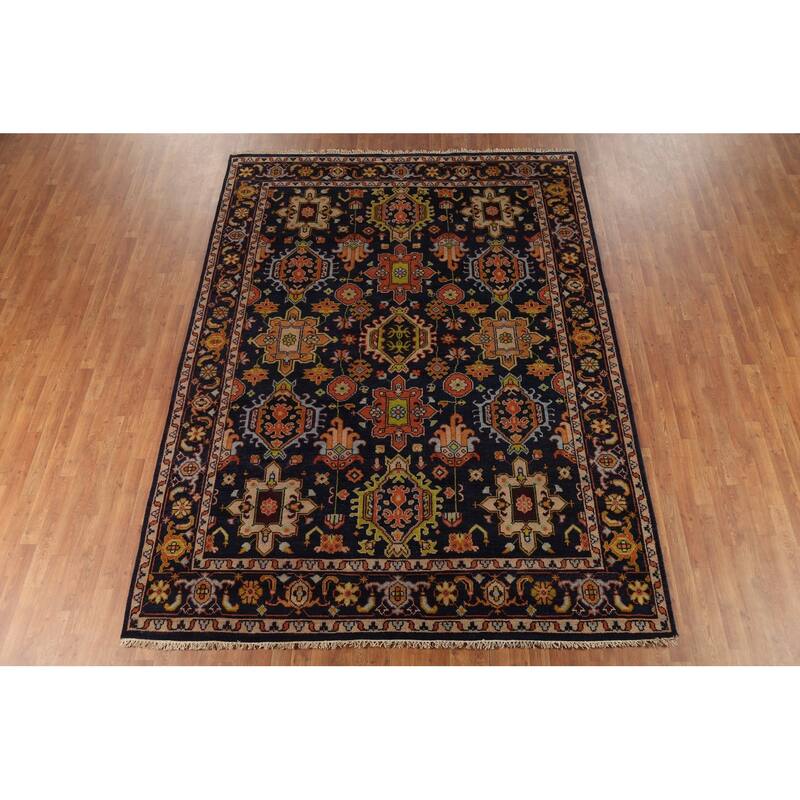 All-Over Blue Geometric Oushak Oriental Area Rug Handmade Wool Carpet - 7'10"x 10'4"