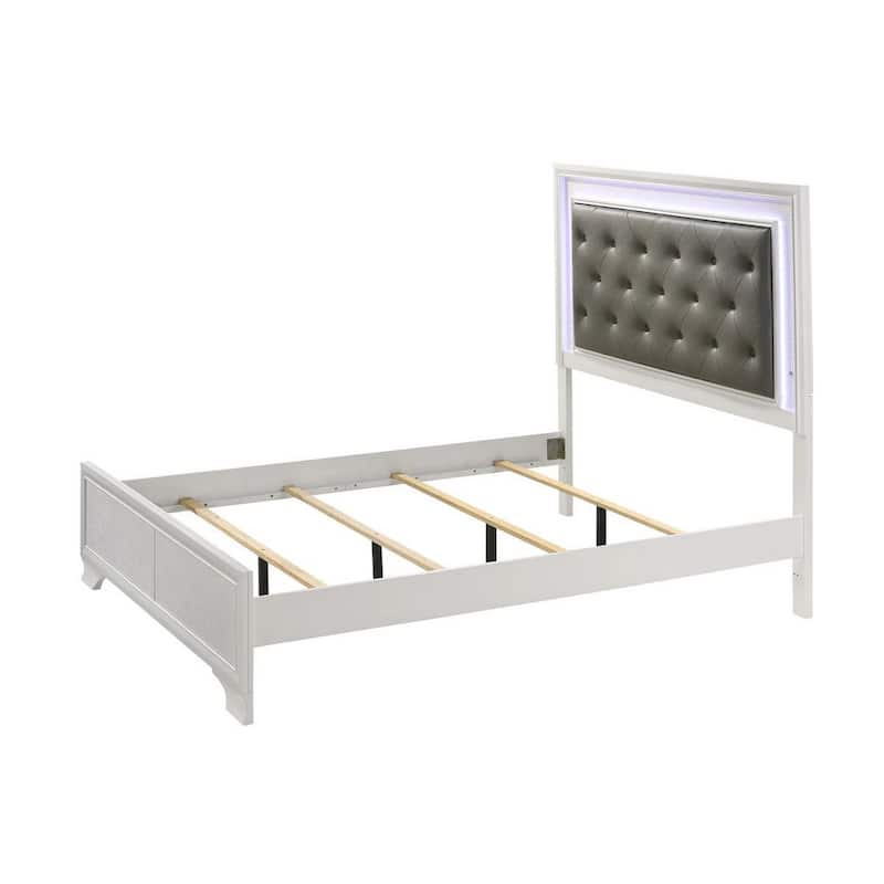 Lise Queen Size Bed, Gray Fabric Upholstery, LED Lit, Modern White Wood