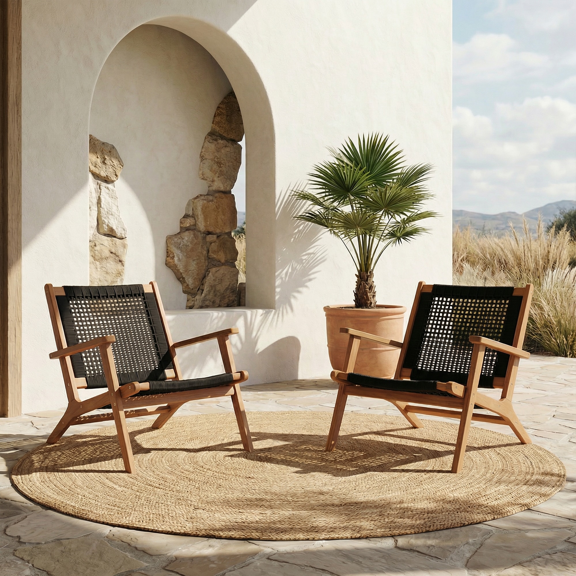 Outdoor Acacia Wood Chair Rope Woven Patio Club Chair Set of 2