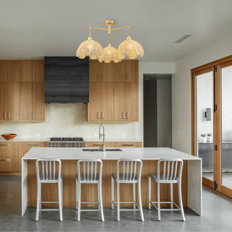 Cali 3-Light Rattan Floral Semi Flush Mount, Coastal Boho - Handwoven - 20 in. Wide