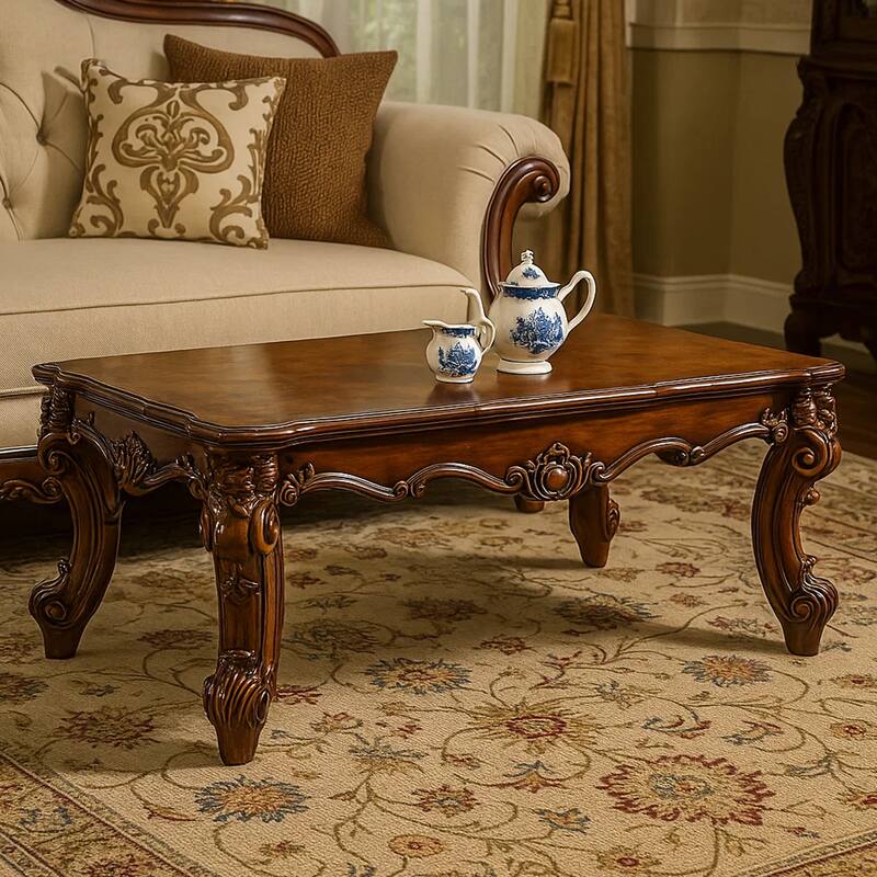 Coffee Table, 36 Inch Rectangular Top, Scrolled Legs, Brown