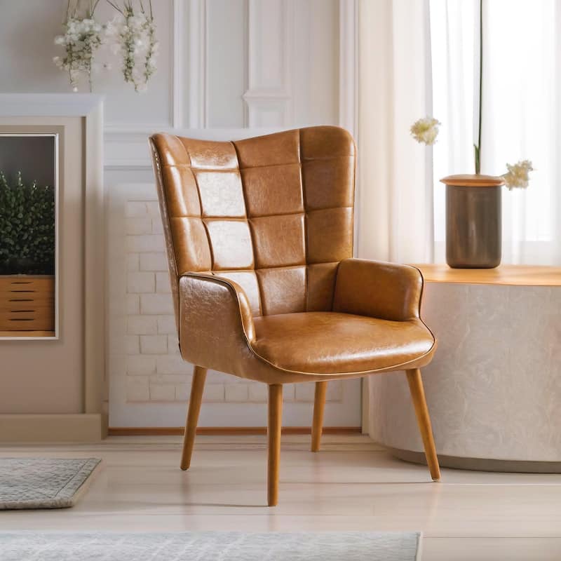 HUIMO High-back Accent Chair Modern Wing Back Chair-Faux Leather - Brown