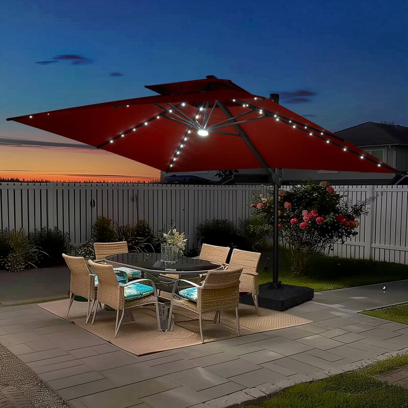 10 FT x 13 FT Outdoor Luxury Solar LED Patio Cantilever Umbrella With Base