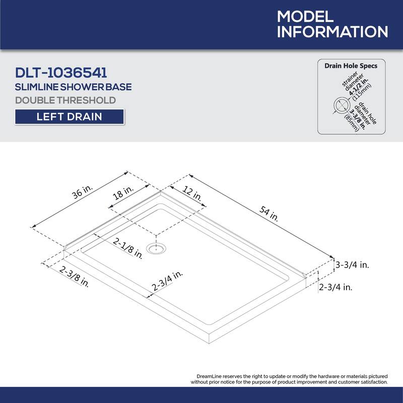 DreamLine SlimLine 36 in. D x 54 in. W x 2 3/4 in. H Double Threshold Shower Base - 36" x 54"