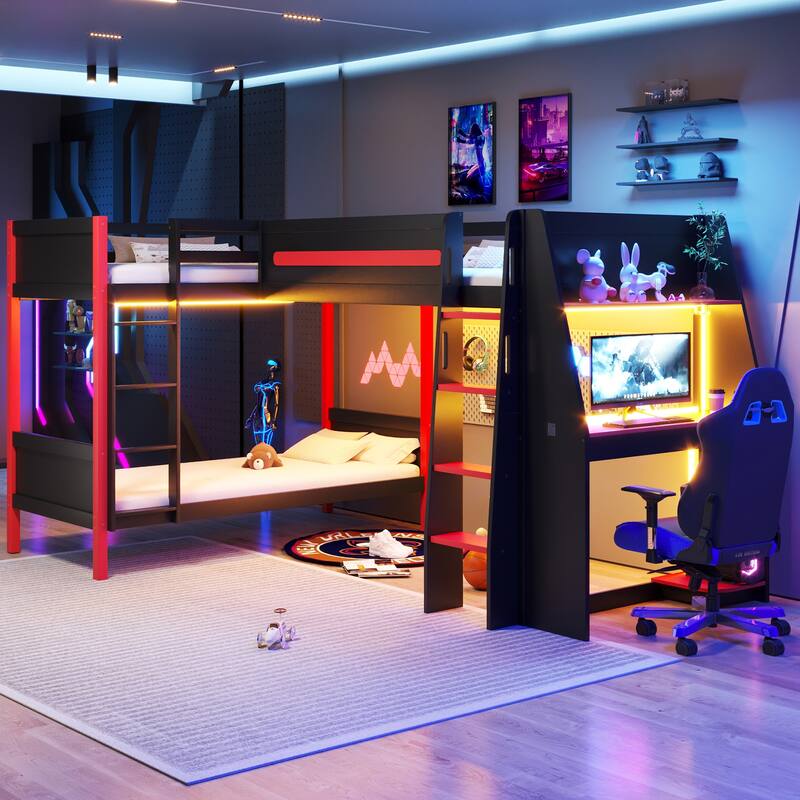 Roomfitters L-Shaped Twin Bunk & Loft Bed with Built-In Gaming Desk, LED Lights, Black and Red - Black+Red - Twin