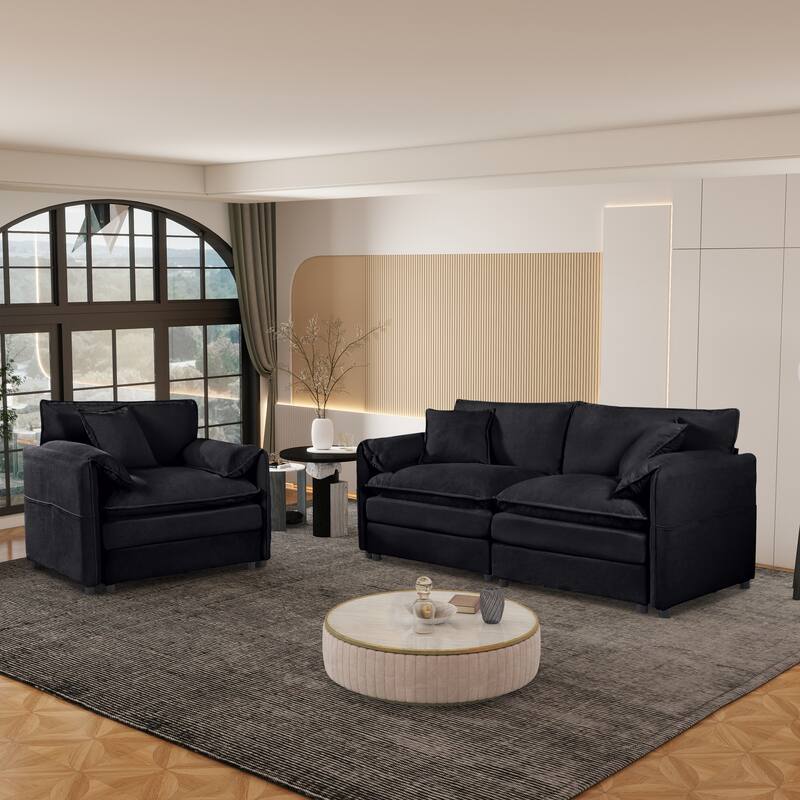 3-Piece Chenille Cloud Sofa & Armchair Set with Deep Seats & 3 Pillows - Black
