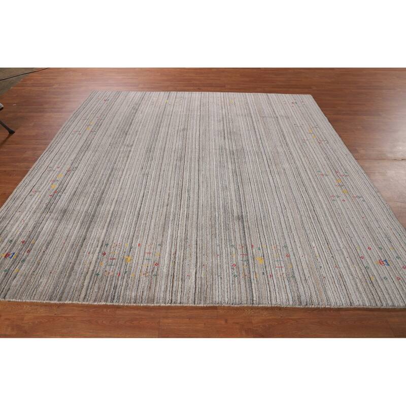 Earth Tone Striped Gabbeh Square Area Rug Hand-Knotted Wool Carpet - 8'0" X 7'10"