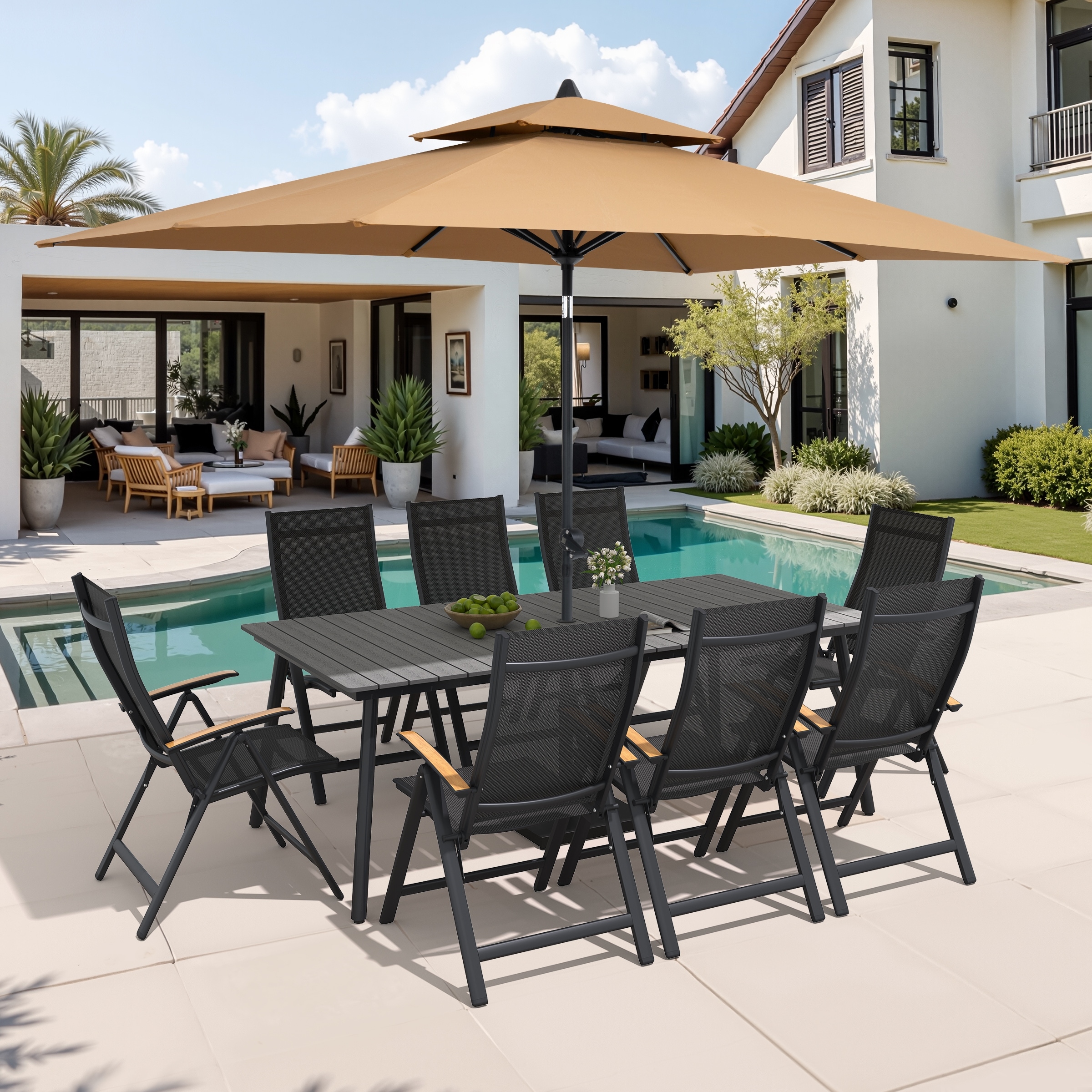 9/11-Piece Outdoor Aluminum Patio Dining Set w/10 ft Umbrella and Base, Rectangle Table and Folding Chairs