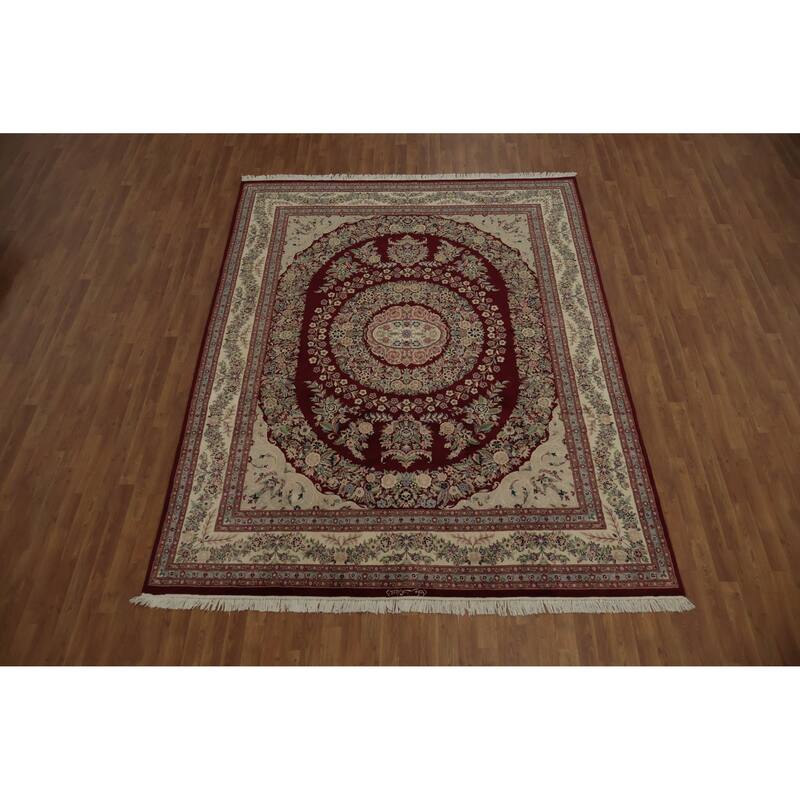 Hand Knotted Oriental 100% Wool Carpet Traditional Floral Red Aubusson Area Rug - 10' 3'' X 8' 0''