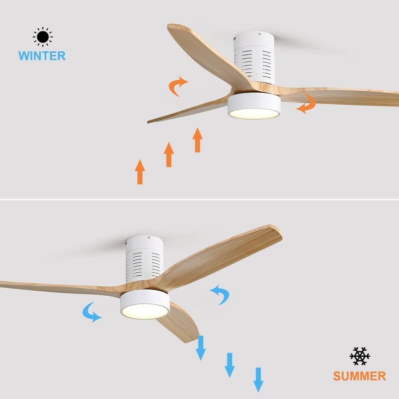 52 Inch Flush Mount Wood Blades White Ceiling Fan Reverse Airflow,6 Wind Speed,Remote Control