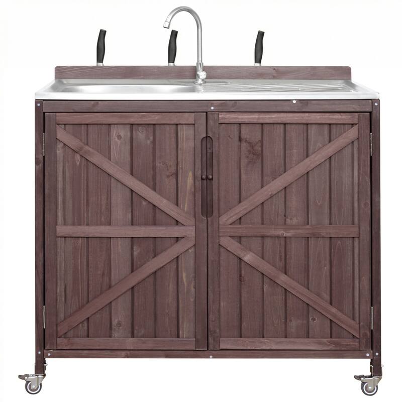 39.4" Rolling Outdoor Kitchen Island with 304 Stainless Steel Sink, Faucet & Cabinet for Pizza Prep