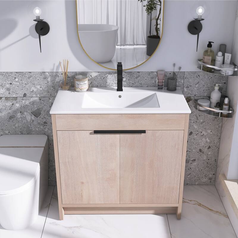 Freestanding Plywood Bathroom Vanity Set in Plain Light Oak with Integrated Sink