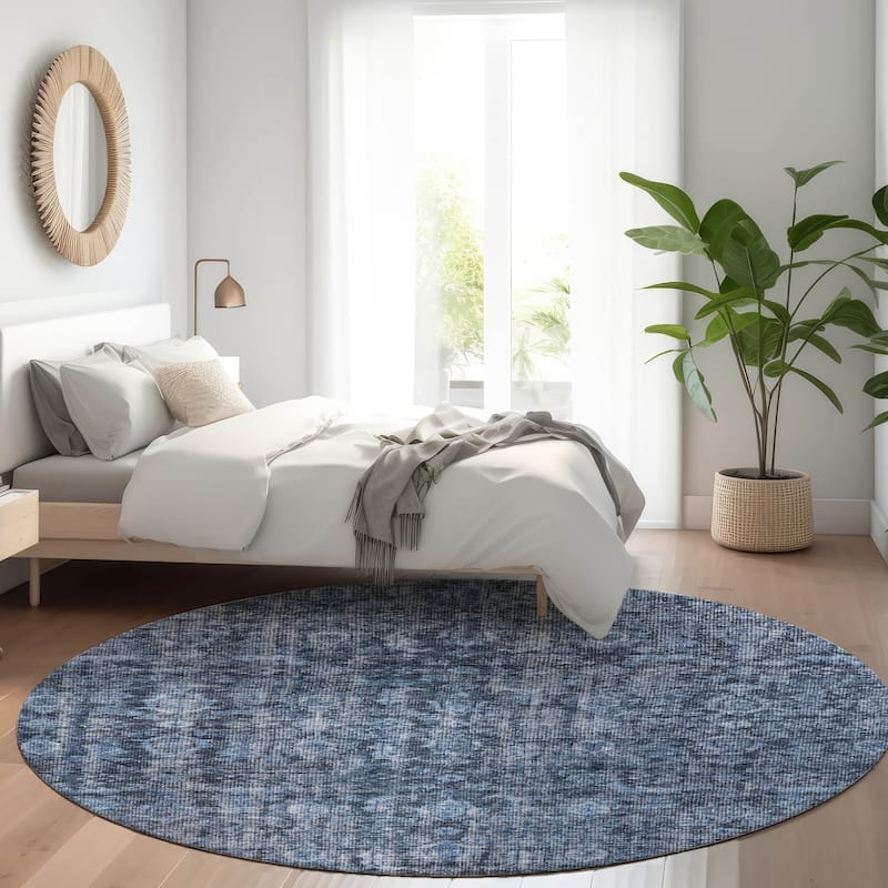Machine Washable Indoor/ Outdoor Vintage Traditional Chantille Rug - Blue - 8' x 8'