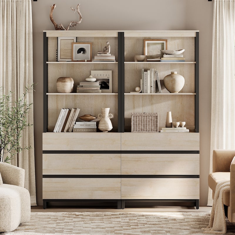 WAMPAT Modern 72" Tall Bookcase with Drawers and Open Book Shelfs, Library Book Shelf for Home Office, Living Room